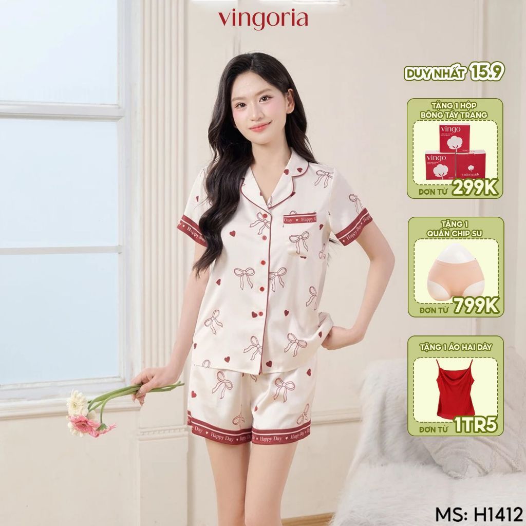 Bộ đồ ngủ nữ Pijama lụa VINGO/VINGORIA tay cộc xuân hè H1412 | BigBuy360 - bigbuy360.vn