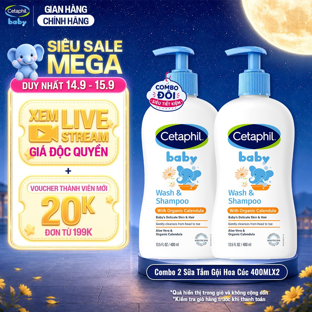 Combo 2 Sữa tắm gội dưỡng ẩm dịu lành cho bé Calendula hoa cúc hữu cơ CETAPHIL BABY W&SHAMPOO CALENDULA 400ML/chai