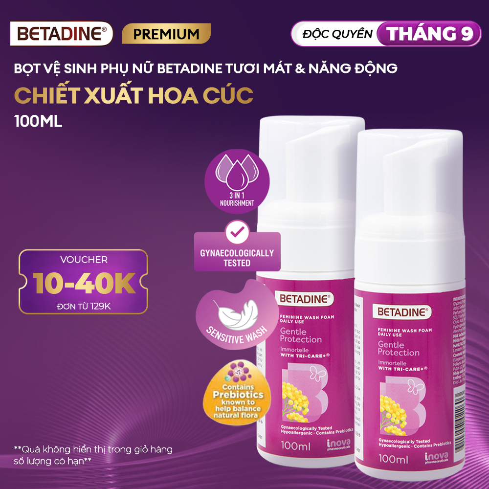 [PREMIUM] Bộ 2 Bọt vệ sinh phụ nữ Betadine Bảo Vệ Dịu Nhẹ 100ml (100ml x 2)