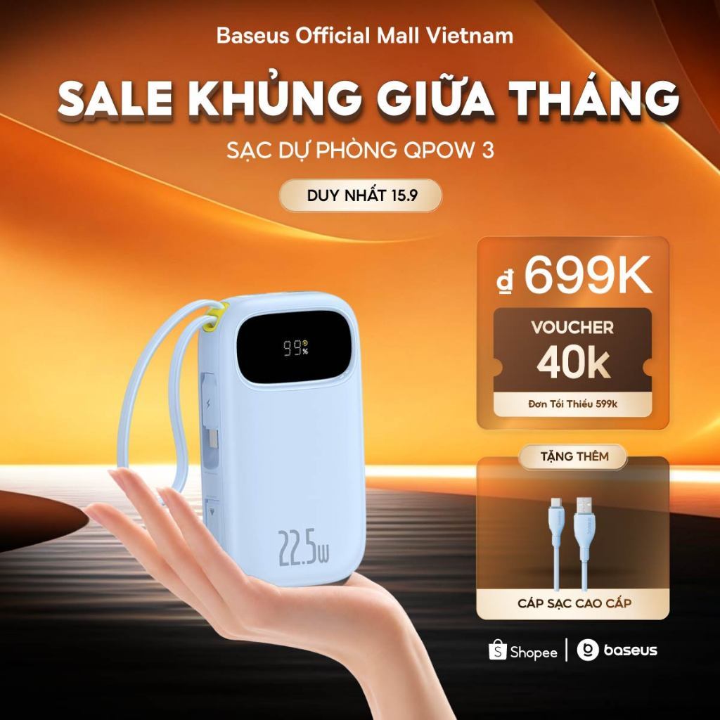 [NEW-CHUẨN CHỨNG NHẬN CCC] Sạc Dự Phòng Baseus EnerFill FC31 Qpow3 10000mAh/20000mAh 22.5W – Sạc Nhanh 4 Cổng Kèm 2 Cáp