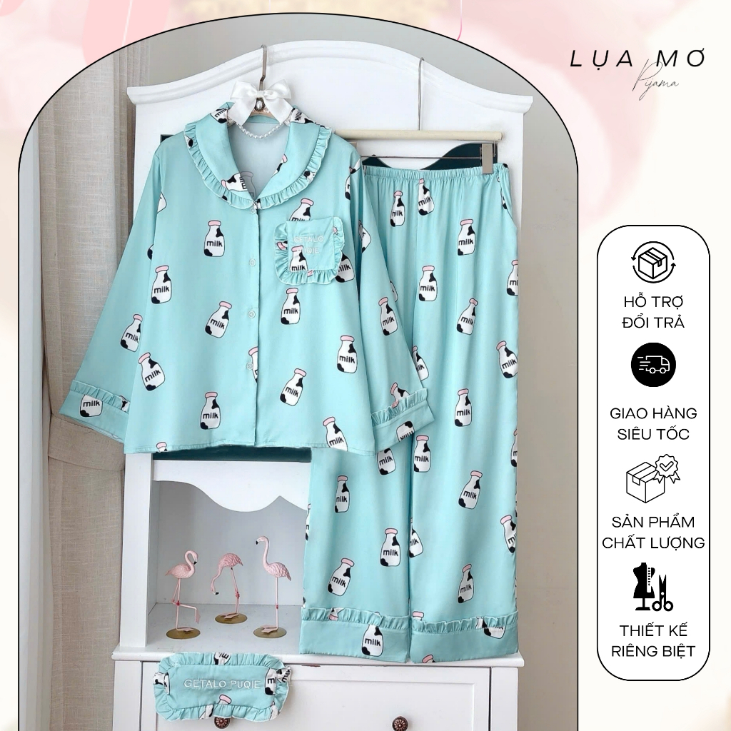 Set Pijama Tiểu Thư Họa Tiết Thêu Kèm Bịt Mắt Vải Lụa Latin Cao Cấp - Đồ bộ Lụa Mơ LM165