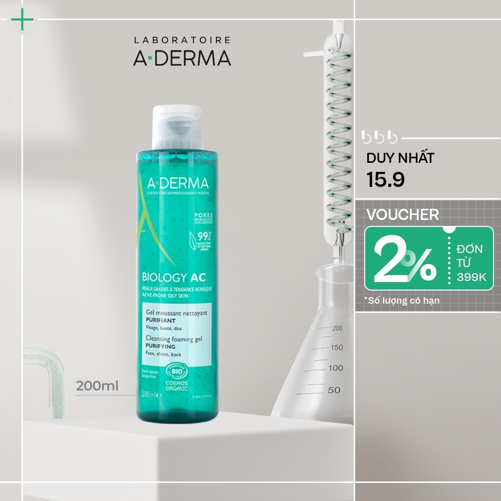 Gel rửa mặt cho da dầu mụn A-Derma Biology AC Foaming Gel làm sạch và thông thoáng lỗ chân lông, không gây khô da