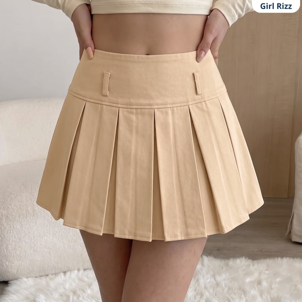 Chân váy xếp ly ngắn GirlRizz chất kaki hàn cạp cao tôn dáng xếp li bản to basic thiết kế CV001
