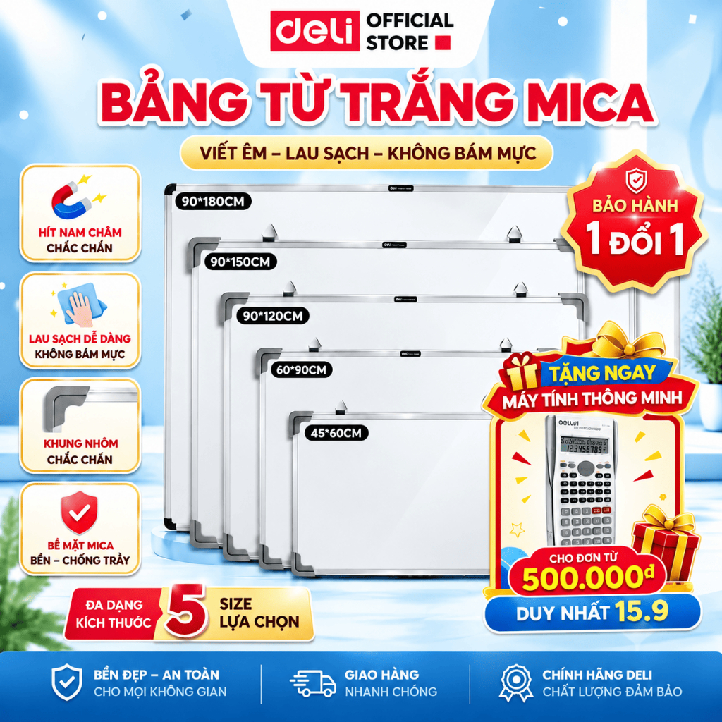 [TẶNG BỘ PHỤ KIỆN] Bảng Từ Trắng Deli Viết Trơn Dễ Xóa Bảng Từ Tính Gắn Nam Châm Nhiều Kích Thước Dễ Lựa Chọn Thích Hợp