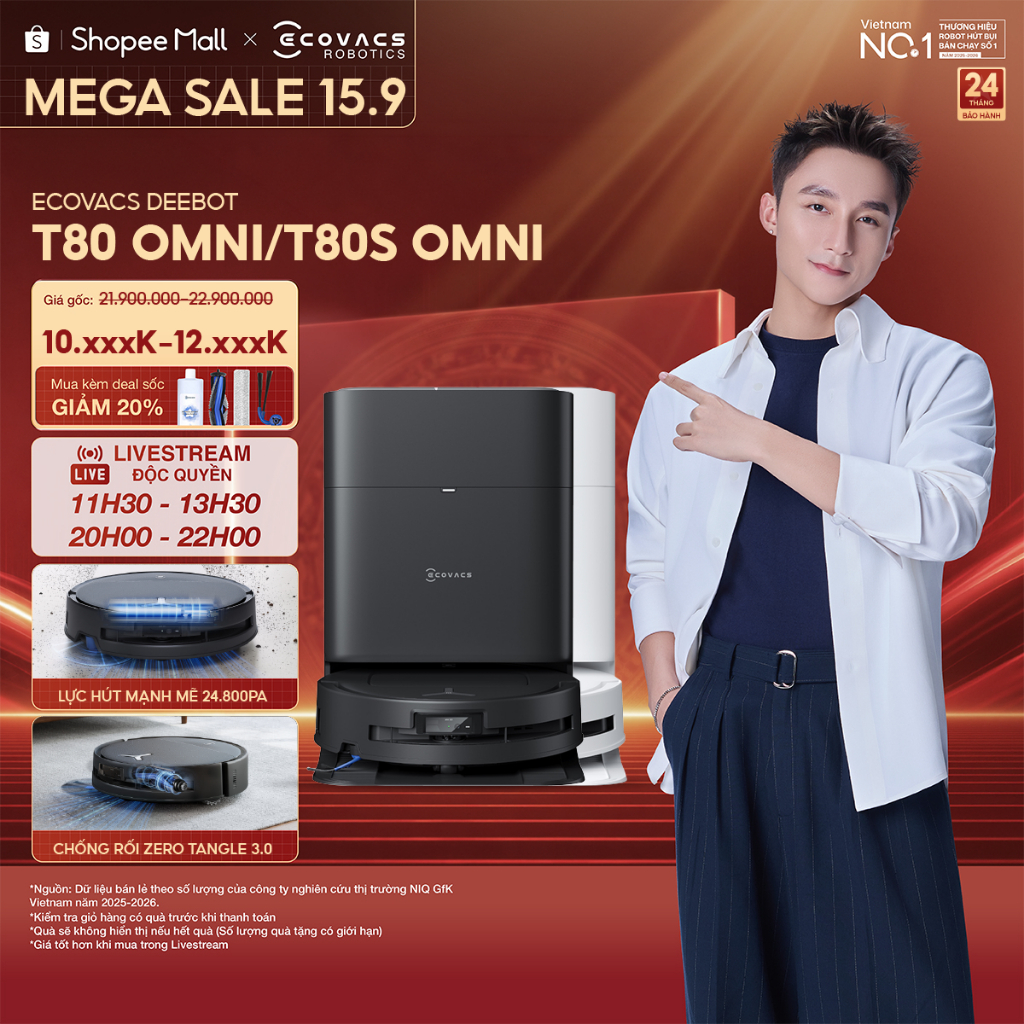 Ecovacs Deebot T80 Omni/ T80S Omni Robot hút bụi lau nhà | Giặt giẻ nước nóng | Sấy khô khí nóng | BH 24 tháng