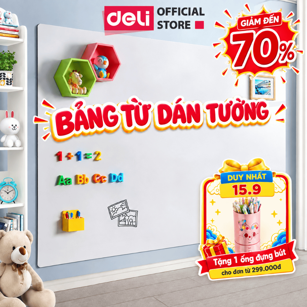 [🔥TẶNG BỘ PHỤ KIỆN] Bảng Trắng Dán Tường DELI Bảng Từ Trắng Dán Tiện Lợi Dễ Sử Dụng Bảng Trắng Viết Trơn Nhiều Kích