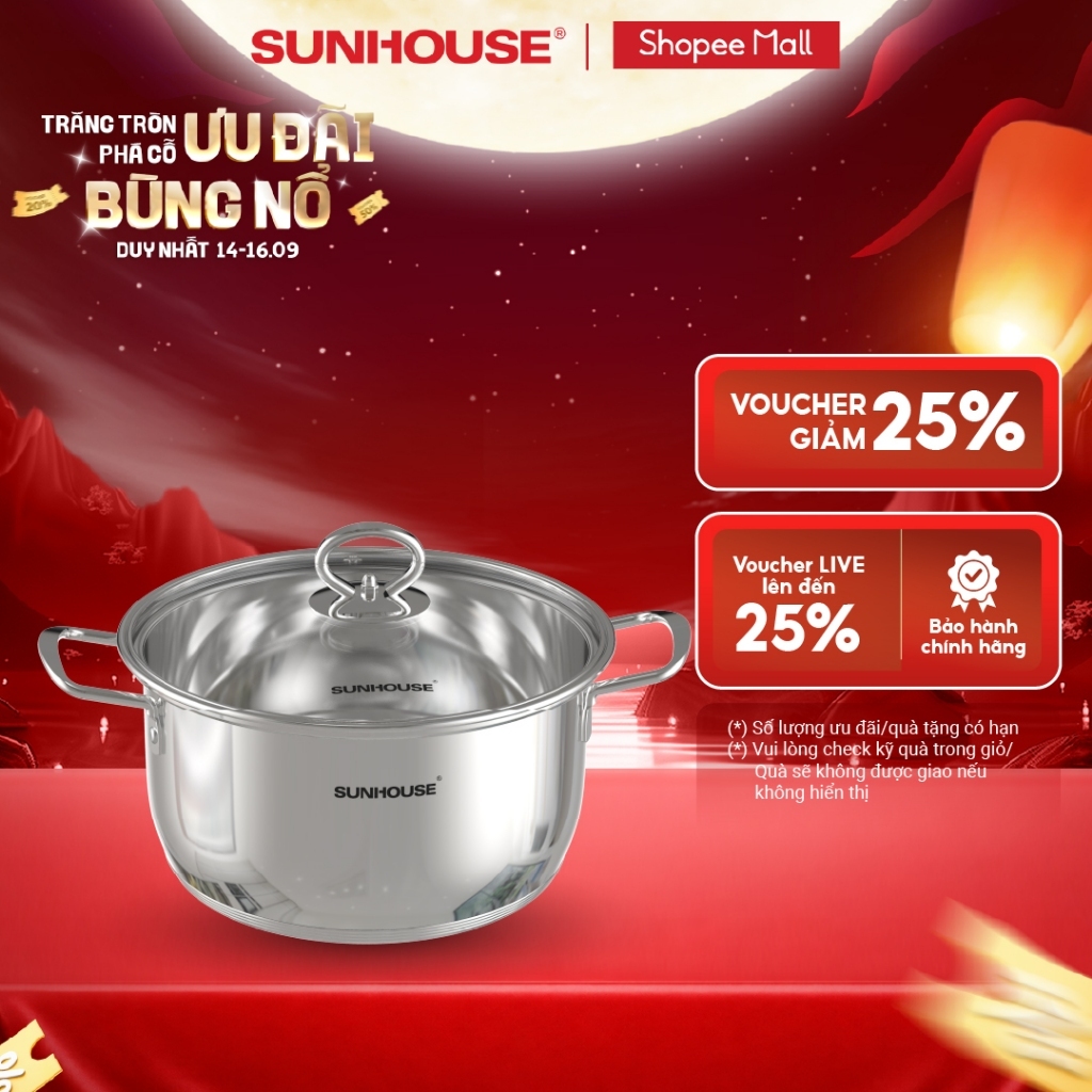 Nồi Inox 5 đáy Sunhouse SHG788- 16/20/24 cm - Công nghệ Impact Bonding - Hiệu suất bắt từ 100% - Dùng mọi loại bếp