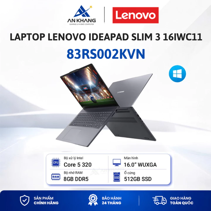 Laptop LENOVO IdeaPad Slim 3 16IWC11-83RS002KVN, Core 5-320, 8GD5, 512GSSD, 16.0WUXGA, W11, XÁM, Bảo hành 12 tháng