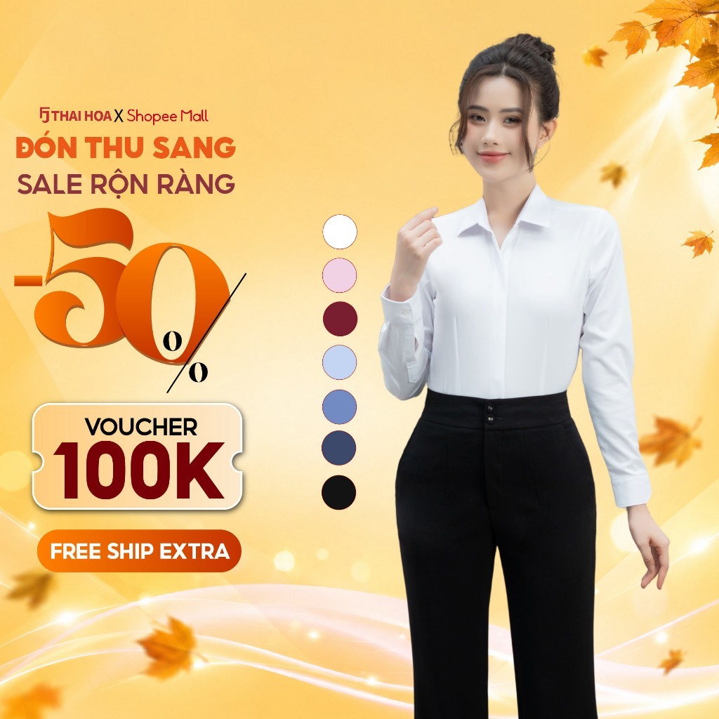 Áo sơ mi nữ 216 dài tay sợi cotton phối poly vải trơn cao cấp nẹp khuy giấu cúc Thái Hòa