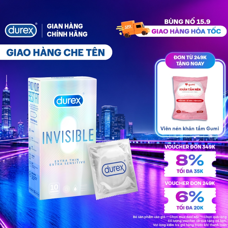 Bao cao su Durex Invisible siêu mỏng size 52mm, hộp 10 bao