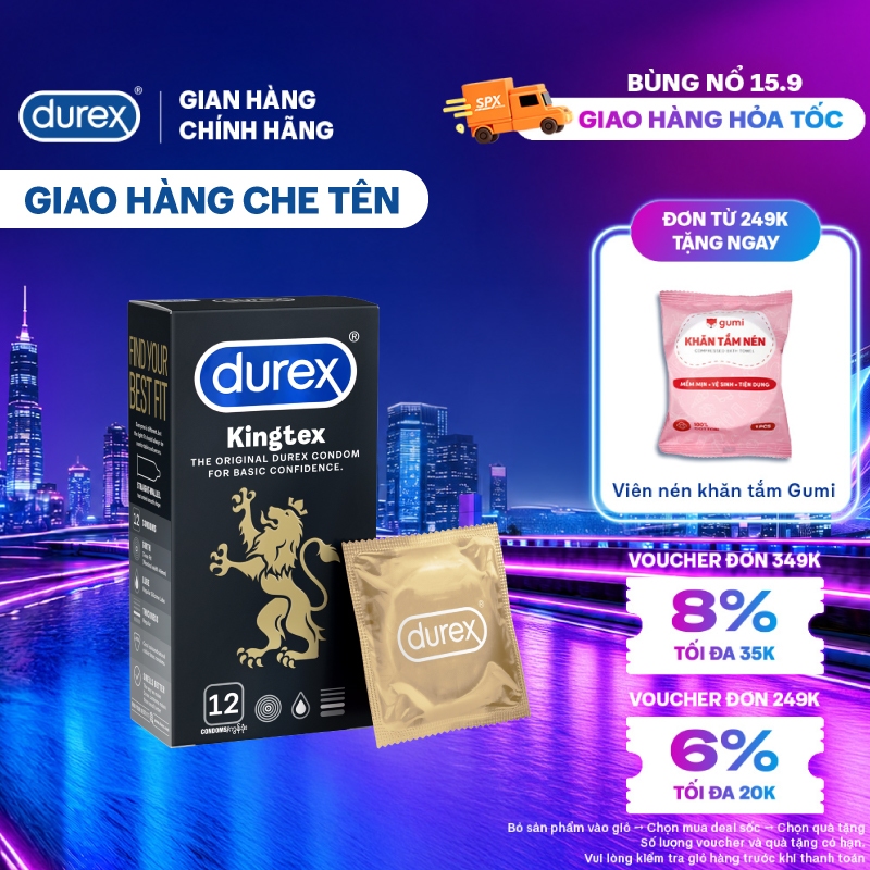 Bao cao su Durex Kingtex ôm sát, bôi trơn, size 49mm, hộp 12 bao