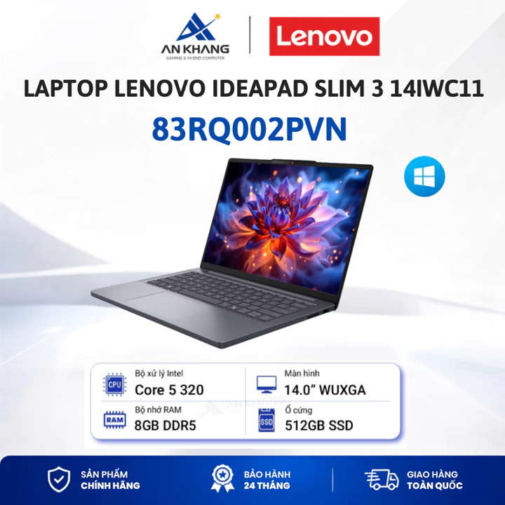 Laptop Lenovo IdeaPad Slim 3 14IWC11_83RQ002PVN, Core 5-320,8GB, 512GB SSD, Intel Graphics, 14" WUXGA, Xám, BH 24 tháng