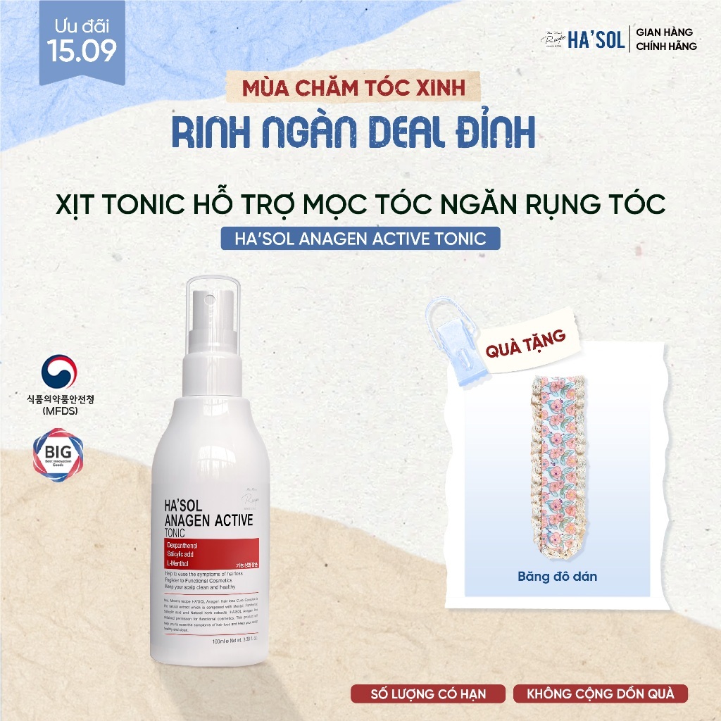 Xịt Dưỡng HASOL Kích Mọc, Ngăn Rụng, Nuôi Dưỡng Da Đầu Nang Tóc Chắc Khỏe - Ha'sol Anagen Active Tonic 100ML