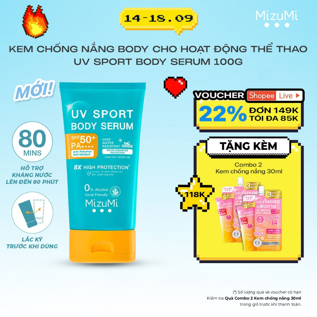 [MỚI - MUA 1 TẶNG 1] MizuMi Kem chống nắng body cho hoạt động thể thao UV Sport Body Serum 100g