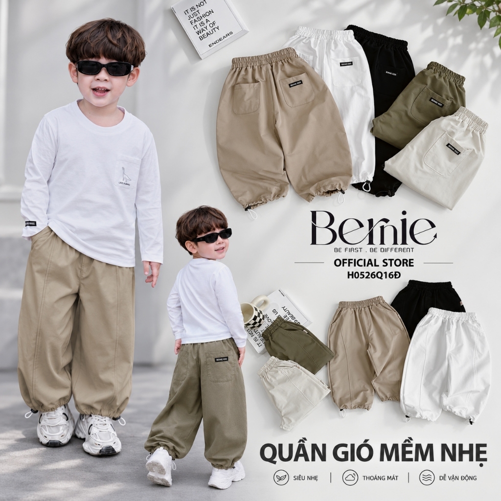 (Vải Gió mềm nhẹ) Quần gió bé trai mềm nhẹ can thân thời trang Bernie - Quần suông dài bé trai 10-29kg - H0526Q16Đ