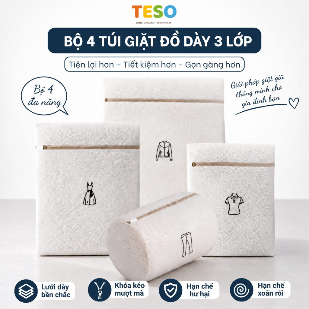 Bộ 4 Túi Giặt Đồ 3 Lớp Bảo Vệ Quần Áo TESO - Set 4 Túi Lưới Giặt Quần Áo Nhiều Kích Thước