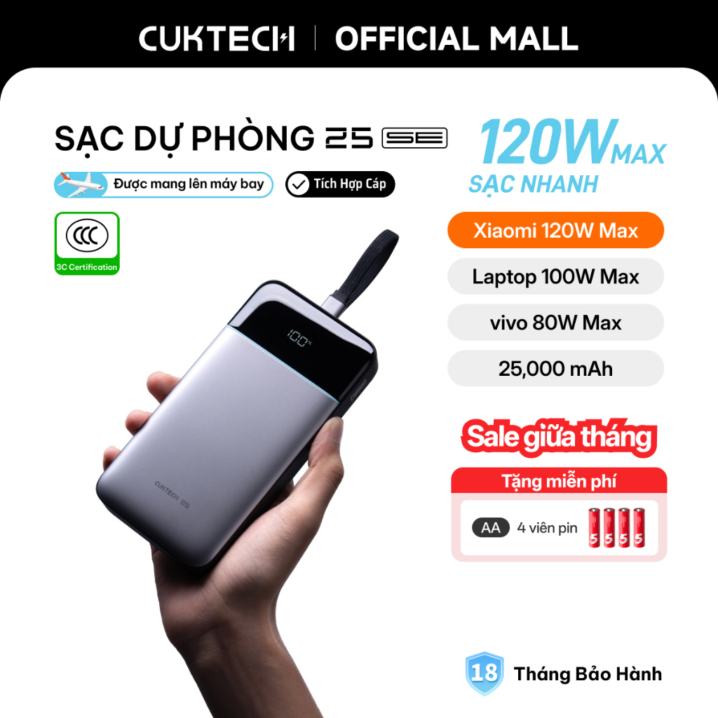 CUKTECH 120W 25000mAh Sạc Nhanh Công Suất Cao Pin Dự Phòng – Hỗ Trợ Xiaomi 120W Laptop 100W Samsung 45W iP16/15/14
