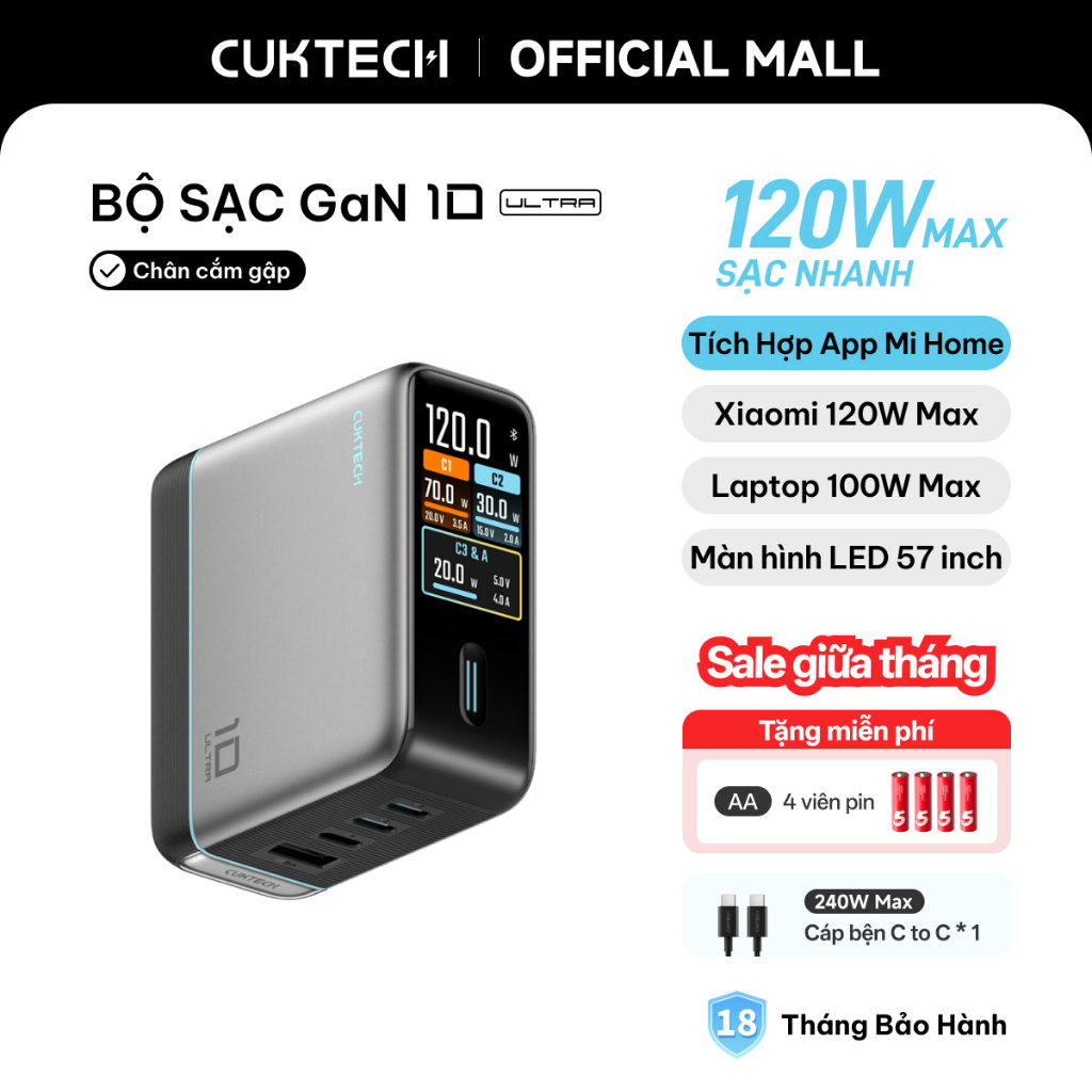 Củ Sạc Nhanh CUKTECH GaN 120W 4 Cổng Điều Khiển App Mi Home Cho Laptop/MacBook/iP 17/16/15 Pro Max/Xiaomi 17/Samsung S26