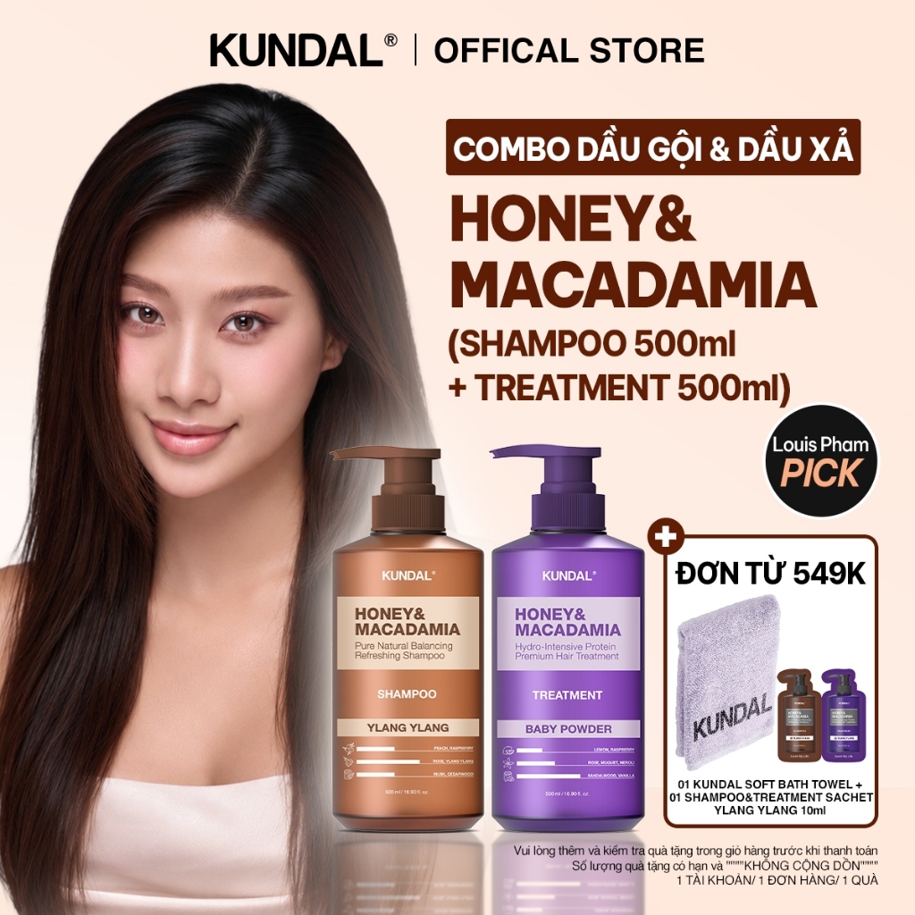 [MỚI] SET Dầu Gội & Dầu Xả KUNDAL Honey & Macadamia Phục Hồi Tóc Hư Tổn Giảm Gãy Rụng 500ml