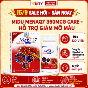 Midu MenaQ7 360mcg Care - 60 viên - Hỗ trợ giảm mỡ máu, hình thành cục máu đông, hỗ trợ giảm nguy cơ tai biến