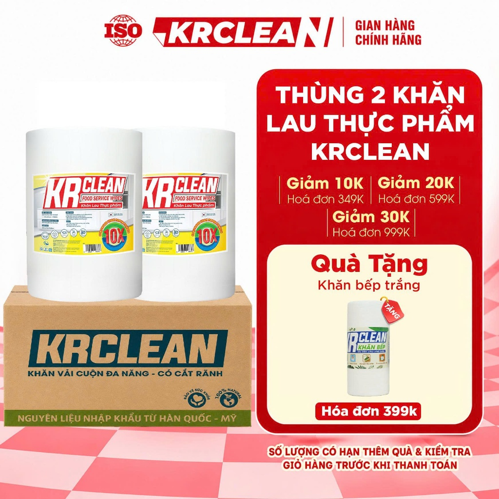 Thùng 2 cuộn khăn giấy lau thực phẩm KRCLEAN 500 tờ 30x30/30x20cm - Khăn lau đa năng, thấm khô cá thịt, hút nước rau củ