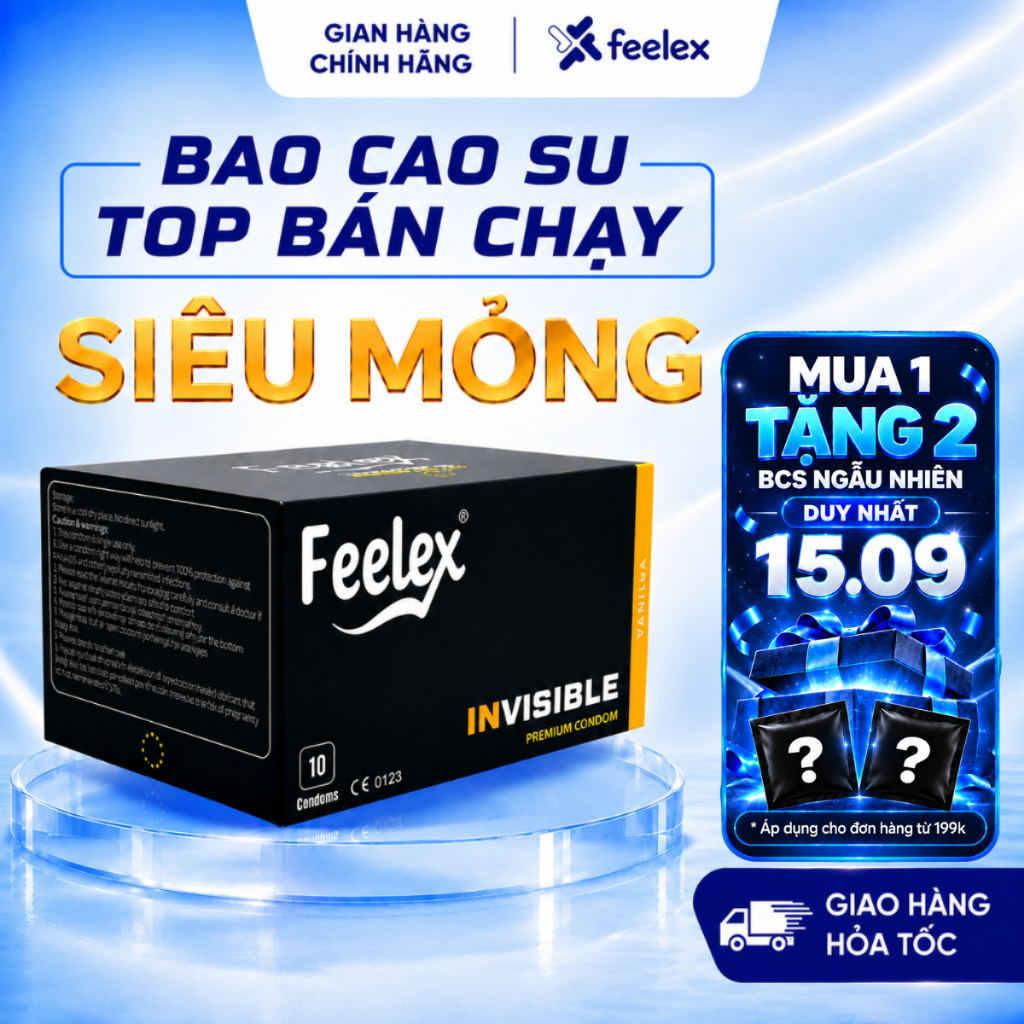 Bao cao su Feelex siêu mỏng, kéo dài thời gian, gân gai, nhiều gel bôi trơn - Hộp 10 bcs
