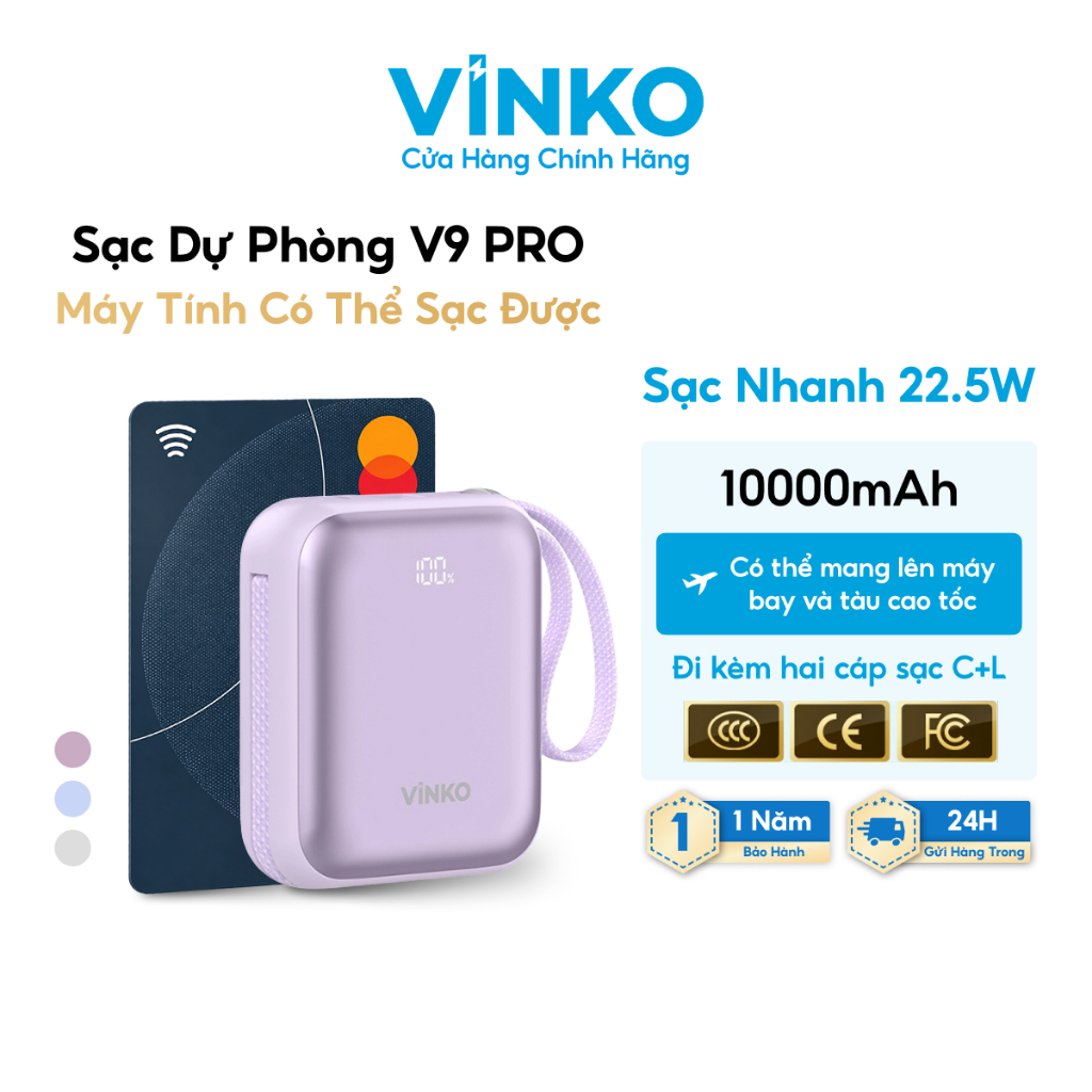 Sạc dự phòng VINKO V9 PRO chứng nhận 3C, 10000mAh 22.5W, tích hợp dây cáp sạc Type-C & Lightning for iPhone Samsung