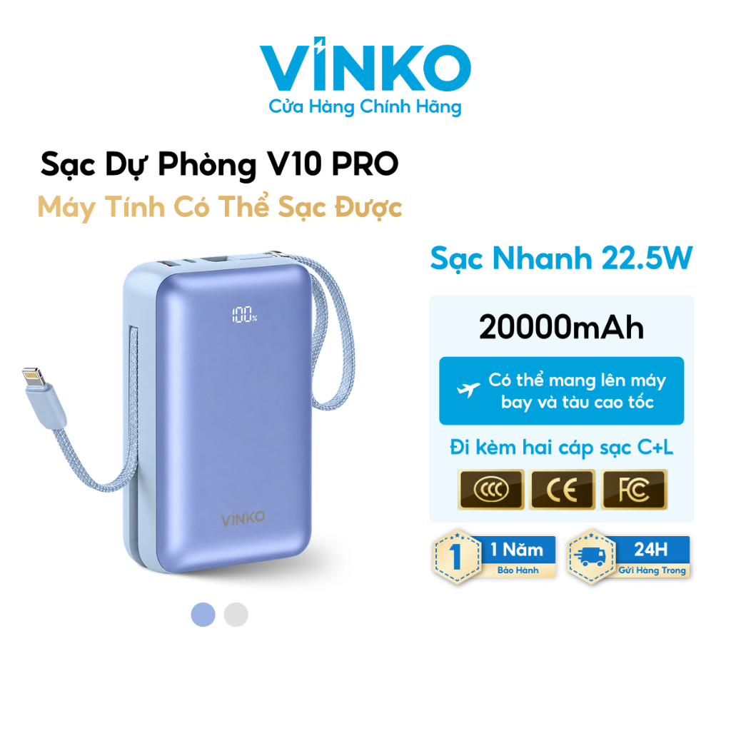 Sạc dự phòng VINKO V10 PRO chứng nhận 3C, 20000mAh 22.5W, tích hợp dây cáp sạc Type-C & Lightning for iPhone Samsung