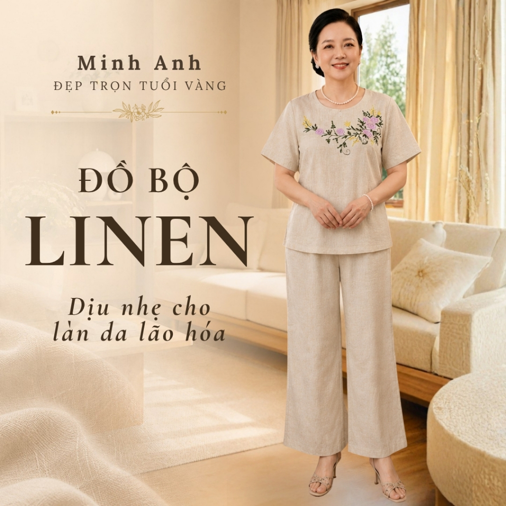 Đồ Bộ Trung Niên Nữ Mặc Nhà Vải Linen Minh Anh Classic MAB12 - Form Rộng Thoải Mái Cho Da Lão Hóa