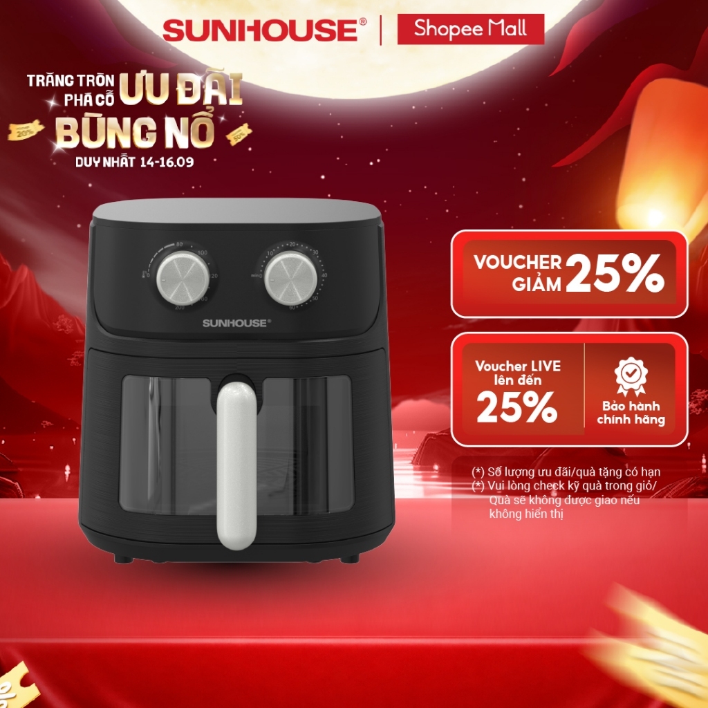 [Độc quyền] Nồi chiên không dầu 6.5L SUNHOUSE SHD4032 - Công nghệ Rapid Air giảm tới 80% dầu - Khoang chiên trong suốt