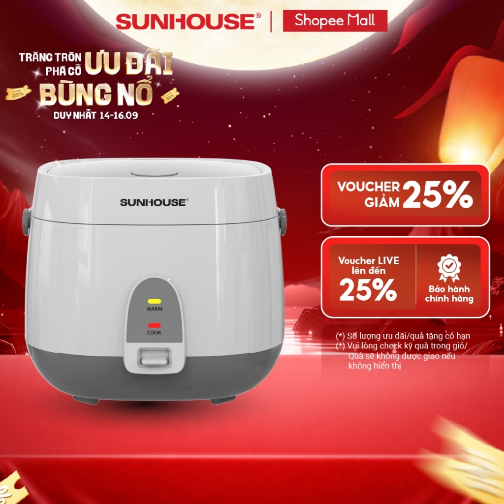 Nồi cơm điện 1.8L Sunhouse SHD8611- Lòng nồi: 1mm, chống dính 2 lớp vân đá, 4-6 người dùng - Sản xuất tại Việt Nam