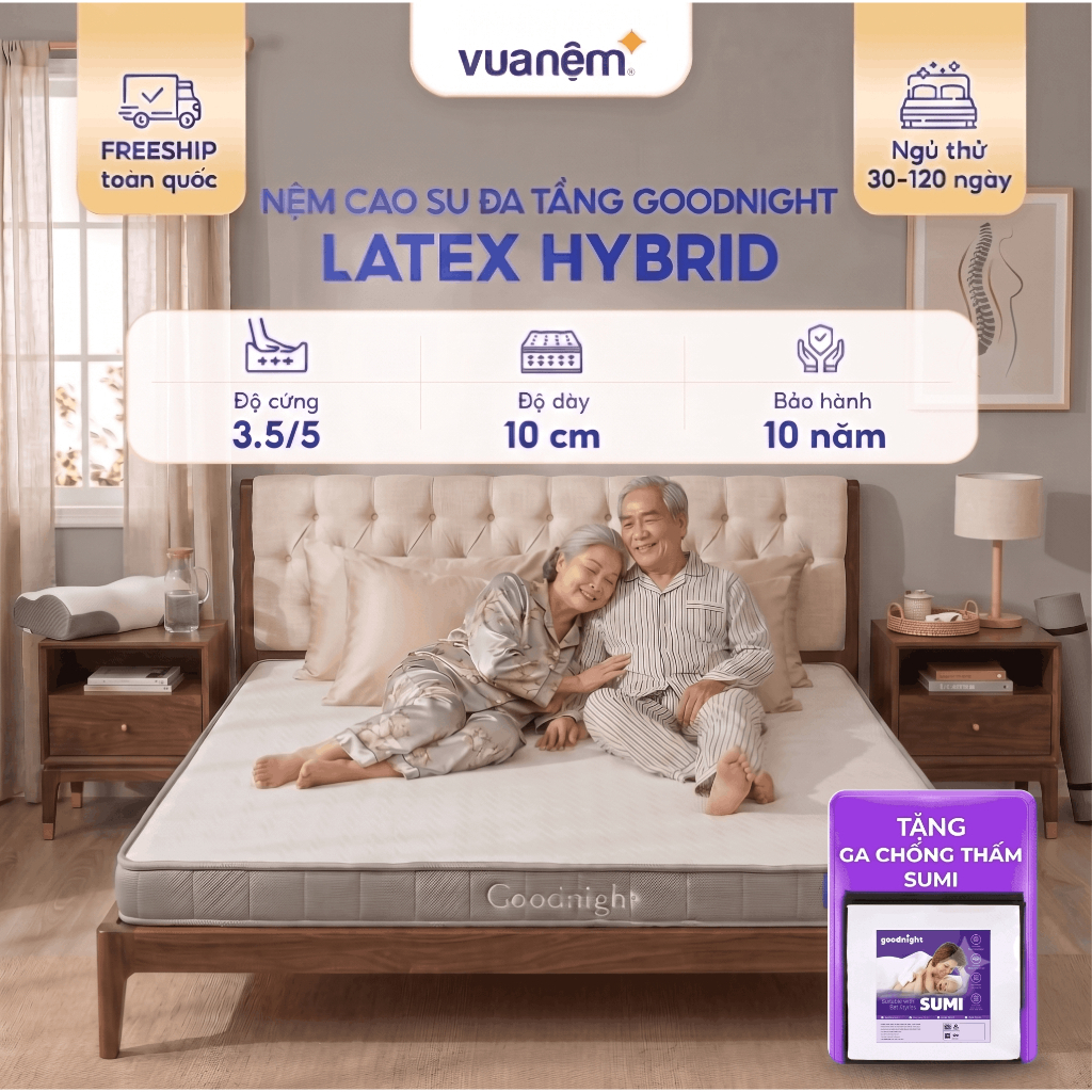 Nệm cao su foam Goodnight Latex Hybrid, đệm foam cao su Vua Nệm, phù hợp người đau lưng (Không phải nệm Cao Su Non)