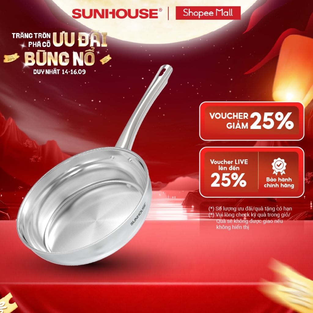 [Mã độc quyền online] Chảo inox 304 đa lớp Sunhouse IN20-24-26M7E - 3 lớp inox liền khối - Dùng mọi loại bếp