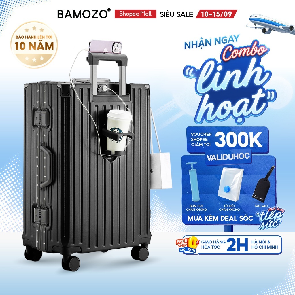 Vali Bamozo Khung Nhôm 9066 Size 20/24/28 Cao Cấp Bo 4 Góc Kim Loại Chống Va Đập_9066