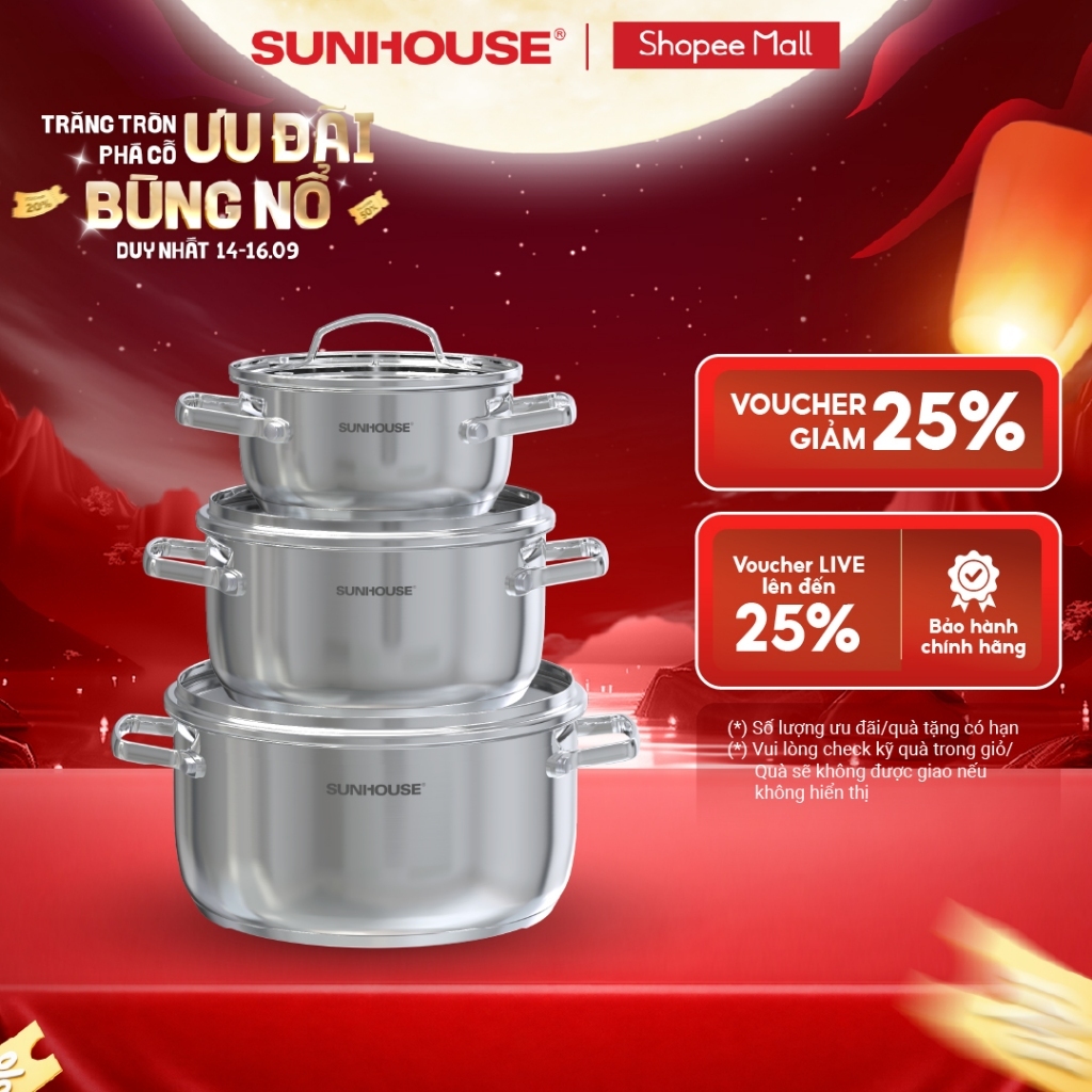 Bộ nồi Inox 304 Sunhouse Healthy SHG605 - Gồm 3 nồi size 16,20,24cm -Đáy từ 3 lớp - Inox 304 - Phù hợp mọi loại bếp
