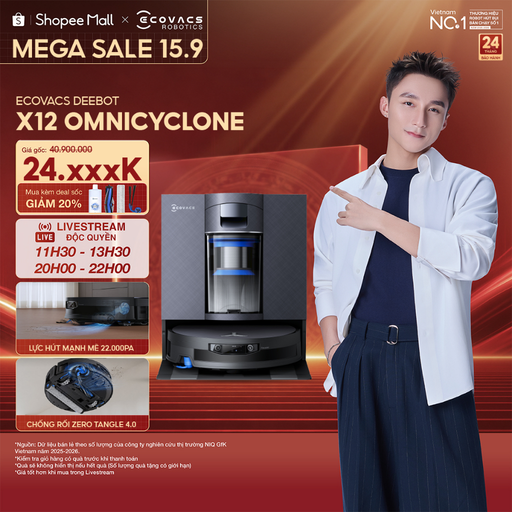 Ecovacs X12 OmniCyclone Robot hút bụi lau nhà | Công nghệ hòa tan vết bẩn | Lực hút 22.000Pa vượt trội | BH 24 tháng