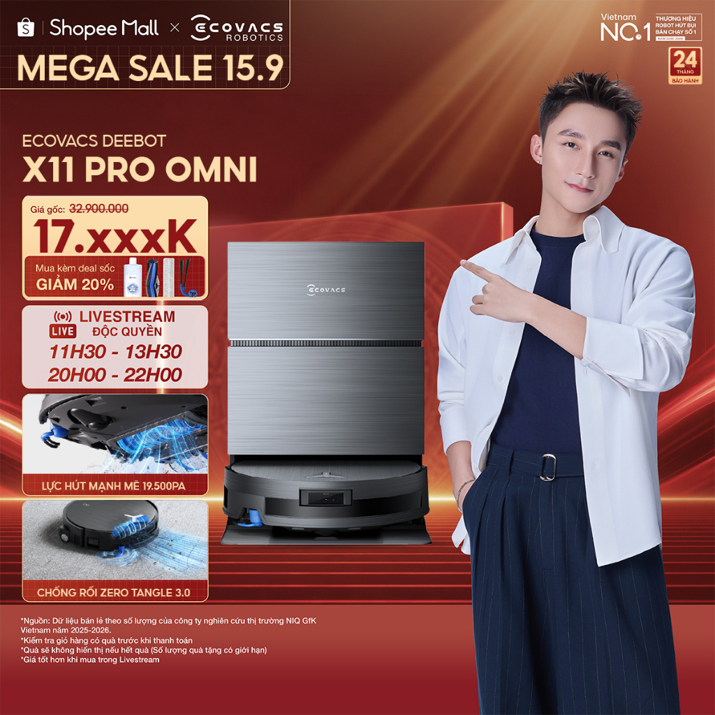 Ecovacs DEEBOT X11 Pro Omni Robot hút bụi lau nhà | Lực hút 19.500Pa | Pin 6400mAh | Thiết kế siêu mỏng 98mm | BH 2 năm