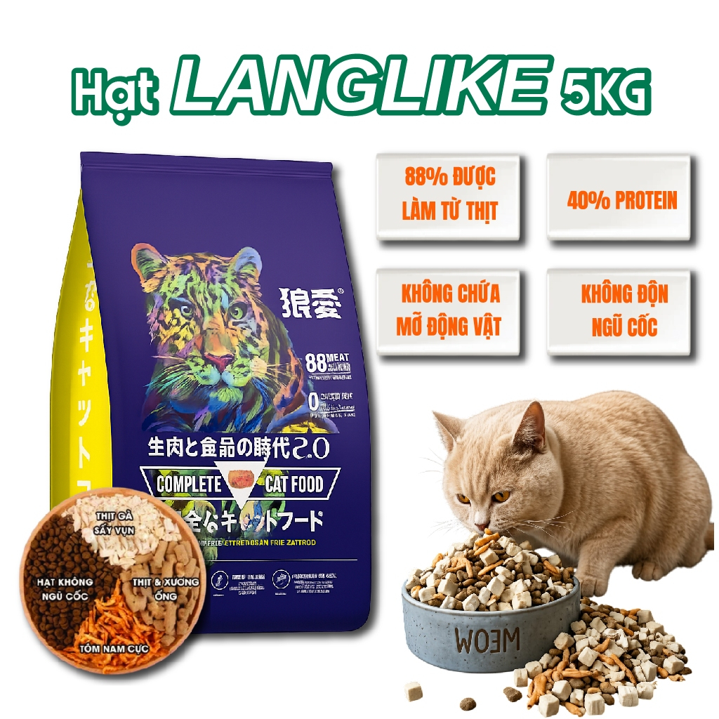 Hạt Langlike 5kg cho mèo , Hạt mèo Langlike 5kg không độn ngũ cốc bổ sung protein