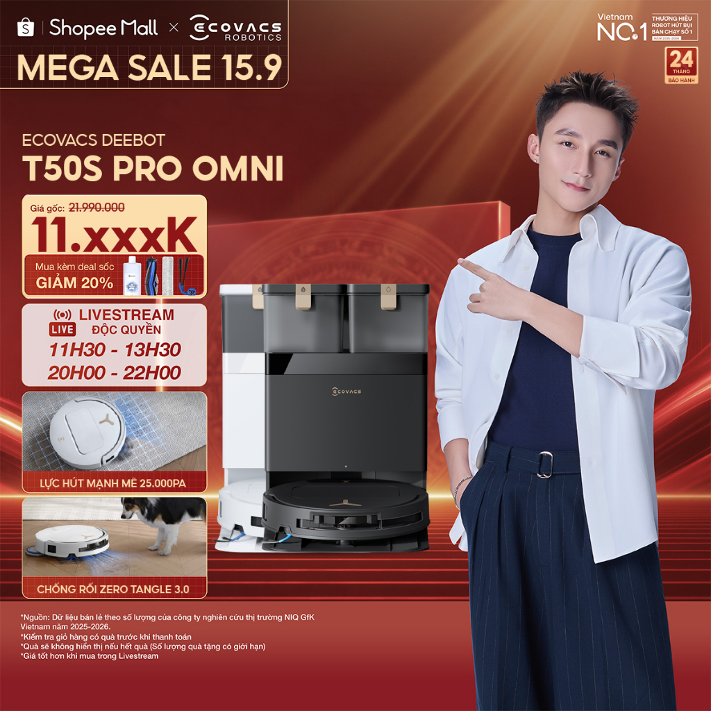 Ecovacs T50s Pro Omni  Robot hút bụi lau nhà | Thiết kế siêu mỏng | Lực hút 25.000Pa | Nâng giẻ 9mm | BH 24 tháng