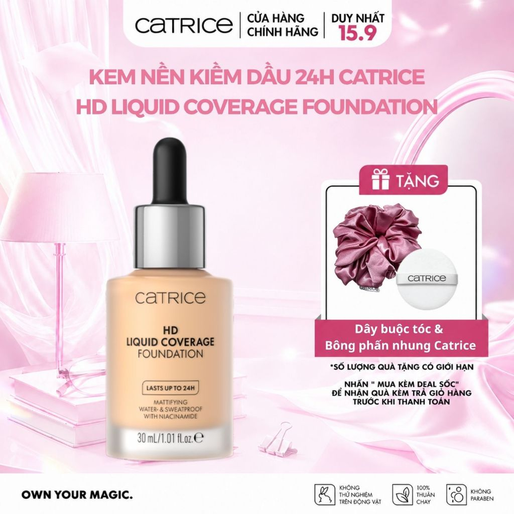 Kem nền Catrice HD Liquid Coverage Foundation kiềm dầu, che phủ tự nhiên tạo độ mịn màng cho da 30ml