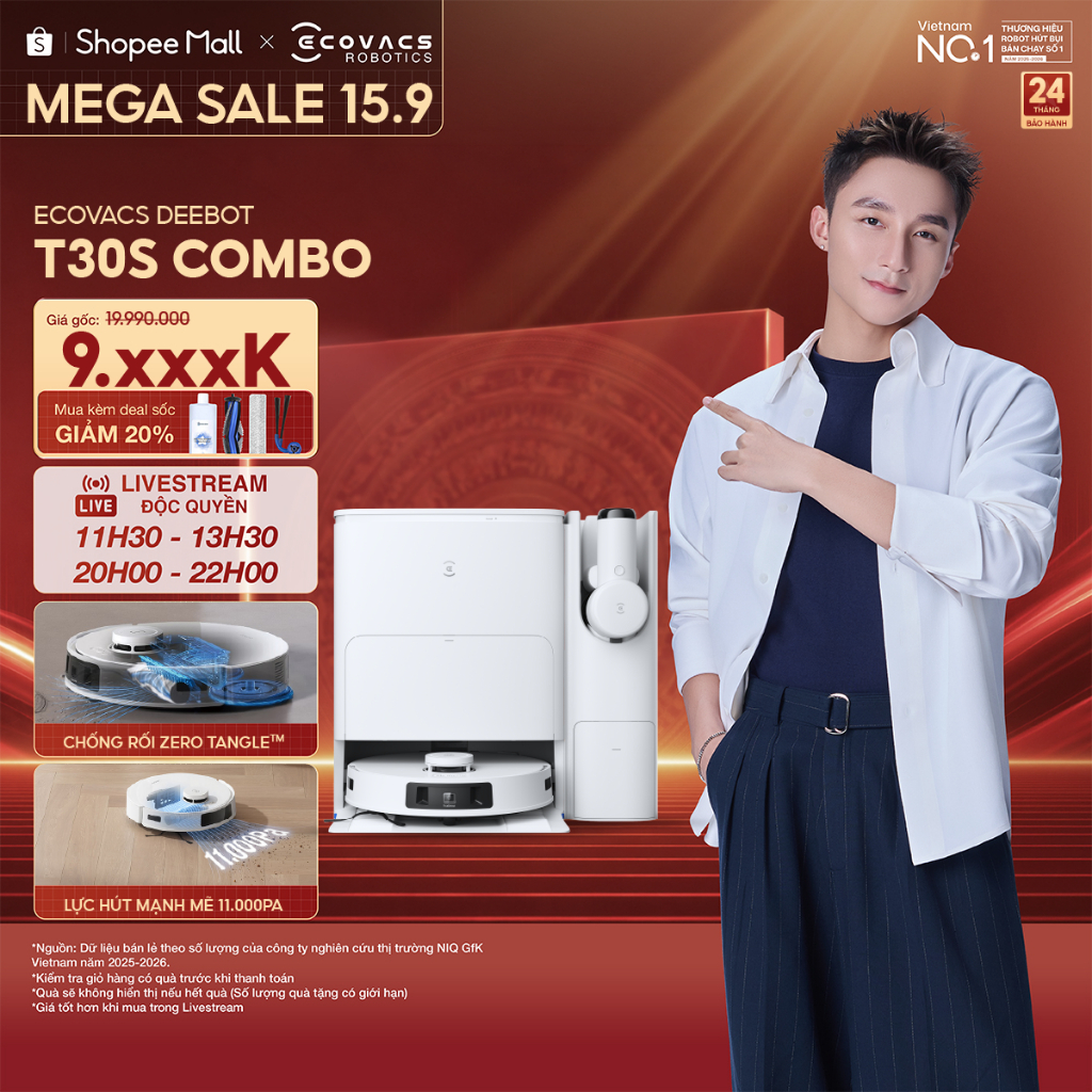Ecovacs T30s Combo Robot hút bụi kết hợp máy hút bụi cầm tay | Lực hút 11.000Pa | Trạm OMNI toàn năng | BH 24 tháng