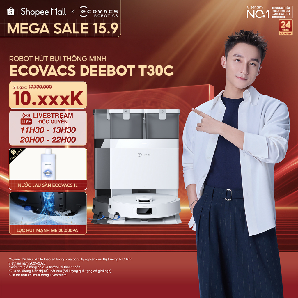 Ecovacs Deebot T30C 2026 Robot hút bụi lau nhà thông minh | Lực hút 20000Pa | Giặt giẻ nước nóng 75°C | BH 24 tháng