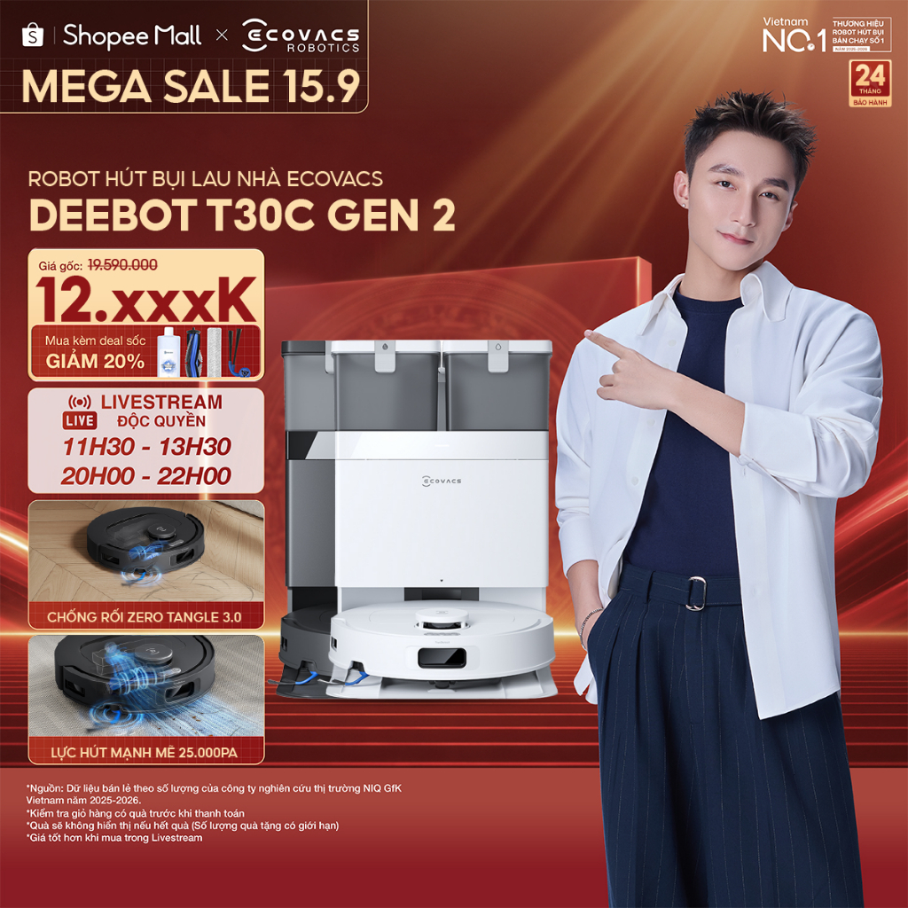 Ecovacs Deebot T30C Gen 2 Robot hút bụi lau nhà | Lực hút 25.000Pa | Giặt giẻ nước nóng 75°C | Bảo hành 24 tháng