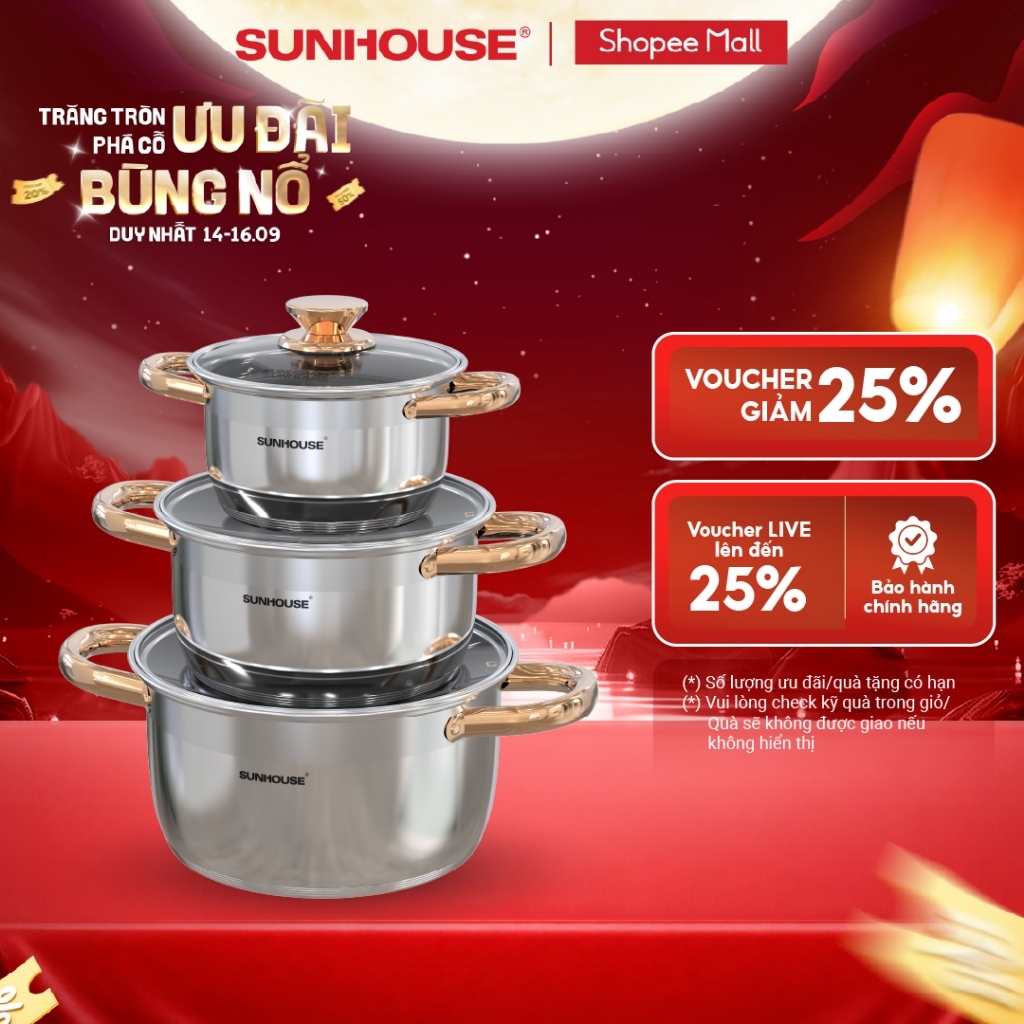 Bộ nồi inox 5 đáy Sunhouse SH781 - gồm 3 nồi với đường kính 16cm-20cm-24cm - Đáy từ dùng mọi loại bếp - 5 lớp đáy