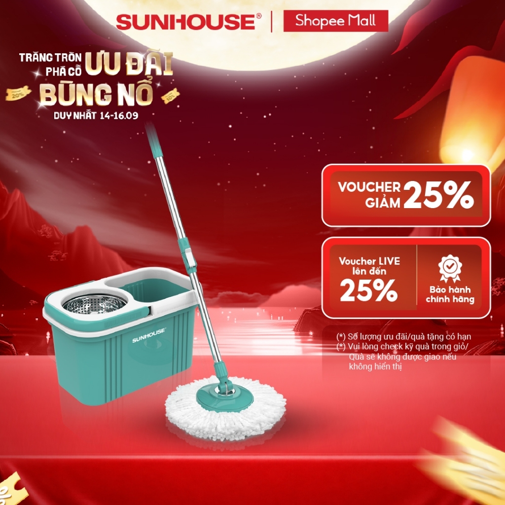 Bộ lau nhà xoay 360 độ Sunhouse KS-CL330S - Kèm thùng tự vắt có lồng inox chống gỉ, dễ làm sạch - Hàng chính hãng