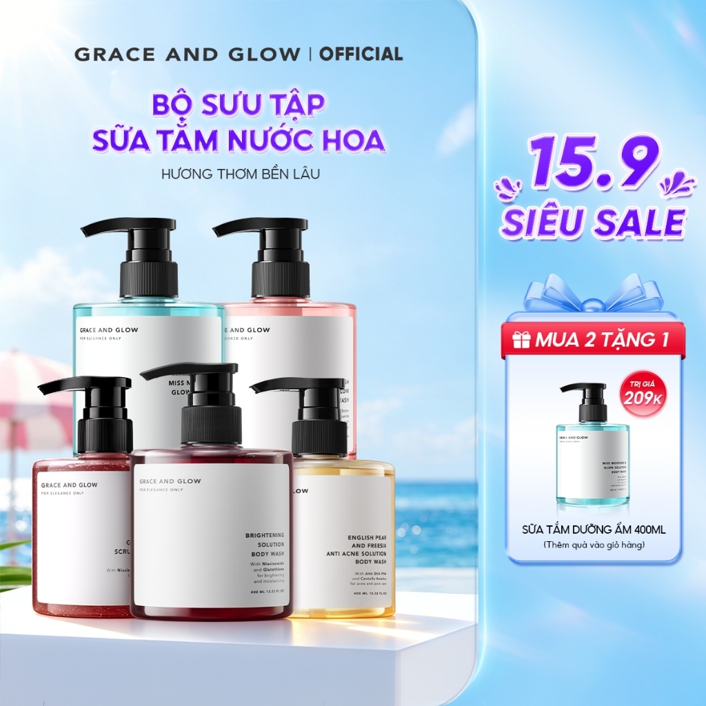 Sữa tắm trắng da hỗ trợ dưỡng ẩm tẩy da chết Grace and Glow nước hoa Body Wash 400ml Niacinamide lưu hương lâu thơm