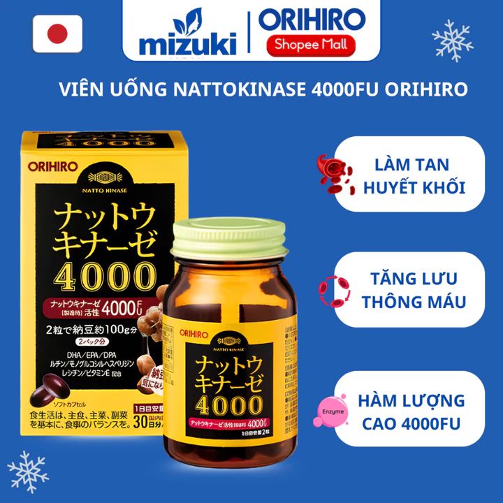 Viên Uống Nattokinase 4000FU Orihiro Nhật Bản Giúp Hỗ Trợ Giảm Hình Thành Và Đánh Tan Huyết Khối Hộp 60 Viên
