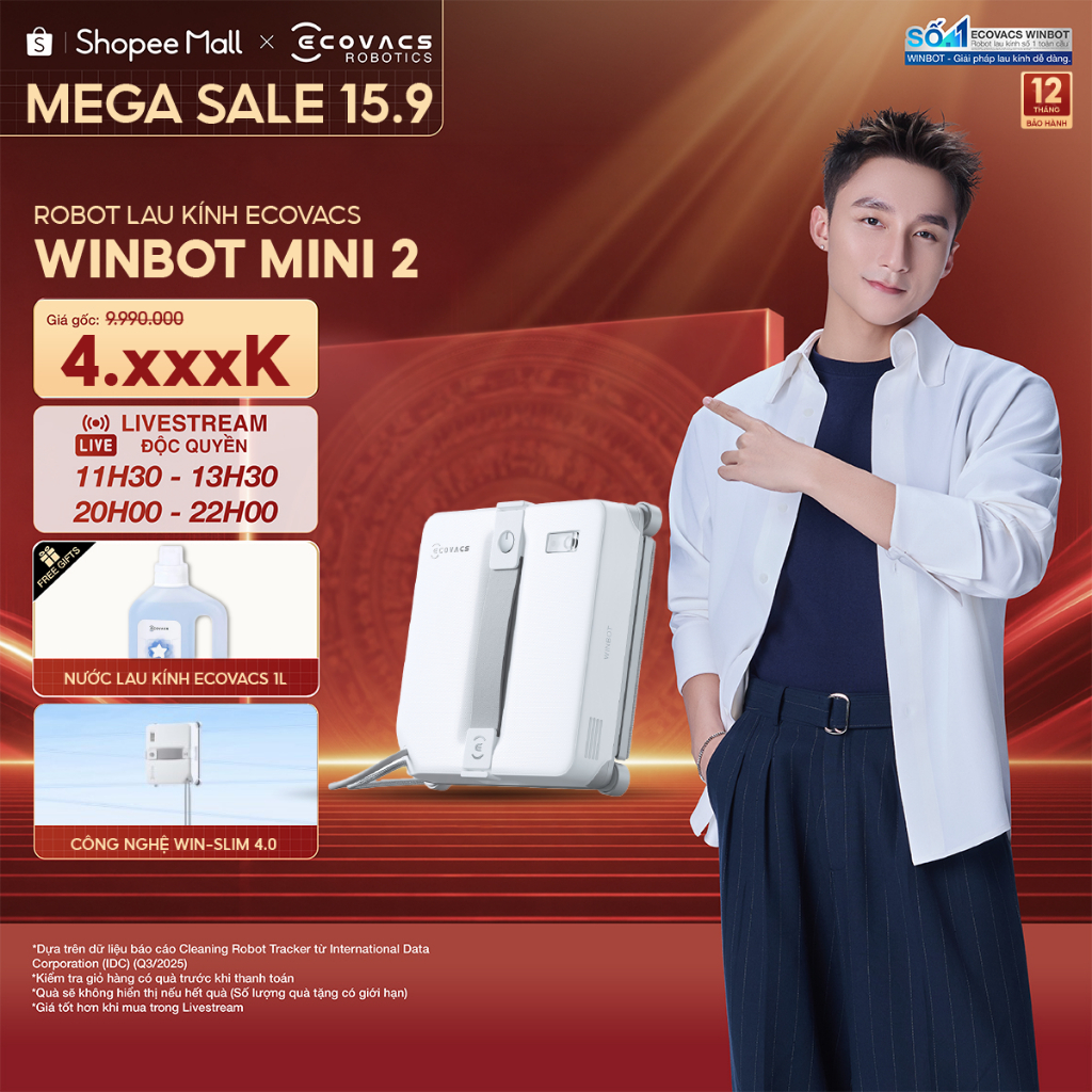 Ecovacs Winbot Mini 2 Robot lau kính thông minh | Lực hút chân không 8.000Pa | Phun nước tự động | BH 12 tháng
