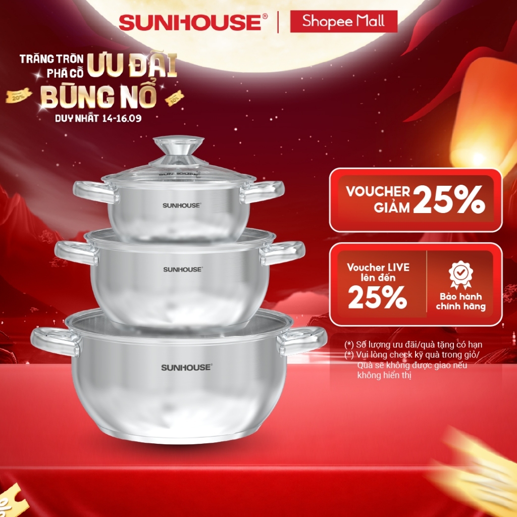 Bộ nồi inox 3 đáy Sunhouse Eco SHG334E - Gồm 3 nồi 16-20-24cm - Inox an toàn, chất lượng - Dùng cho mọi loại bếp