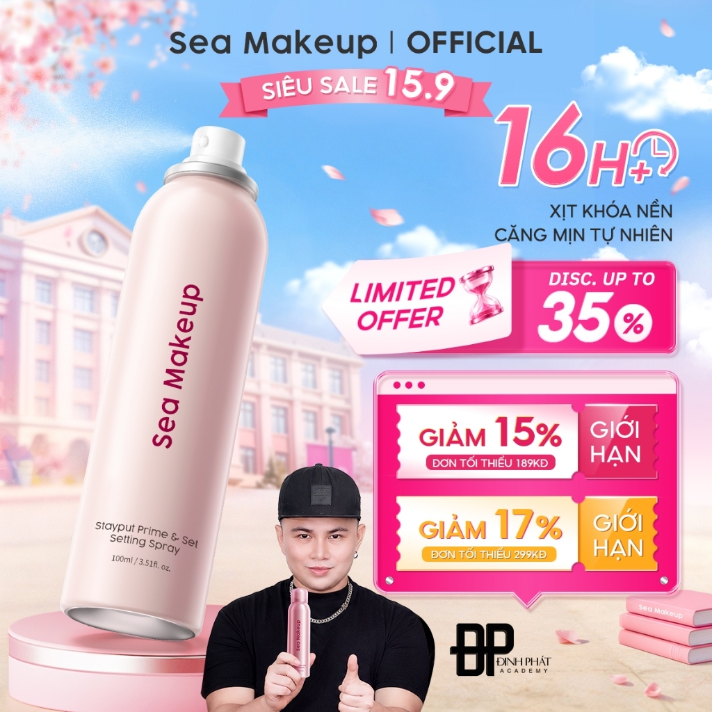 Xịt khoá nền Sea Makeup Stayput Prime & Set Setting Spray Hỗ trợ 16H+++ dưỡng ẩm lâu trôi và hiệu quả lì mịn 100ml